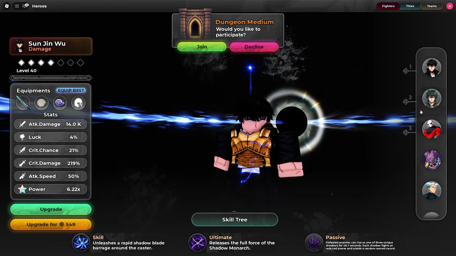 Heroes screen in Anime Stars showing a Dungeon Medium prompt with a green Join button