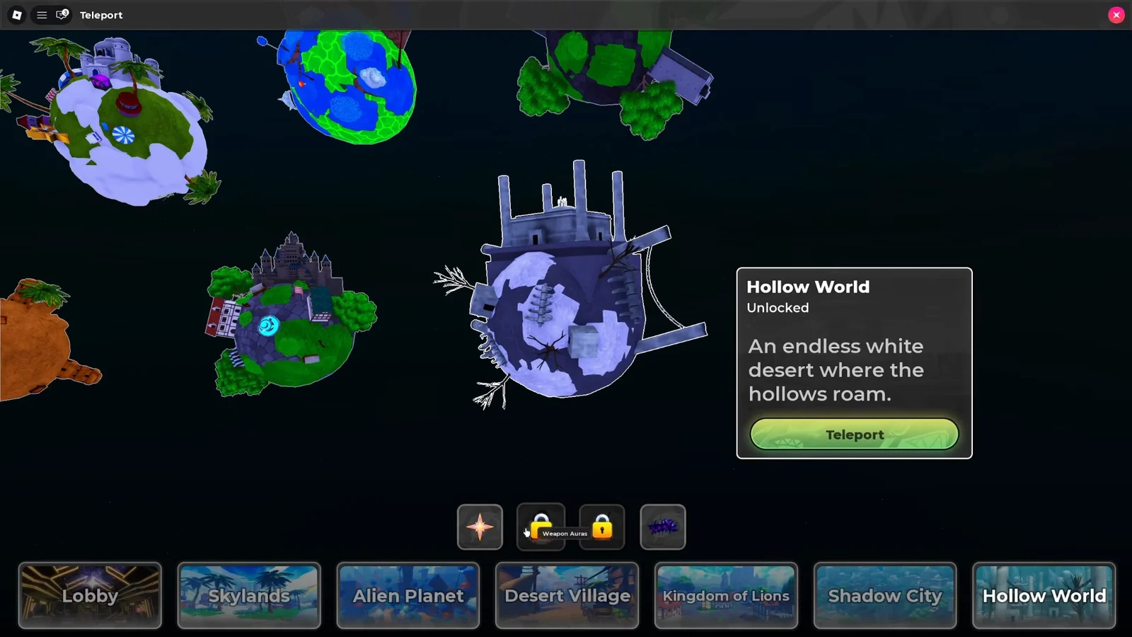 Teleport menu in Anime Stars with Hollow World unlocked and the Teleport button ready