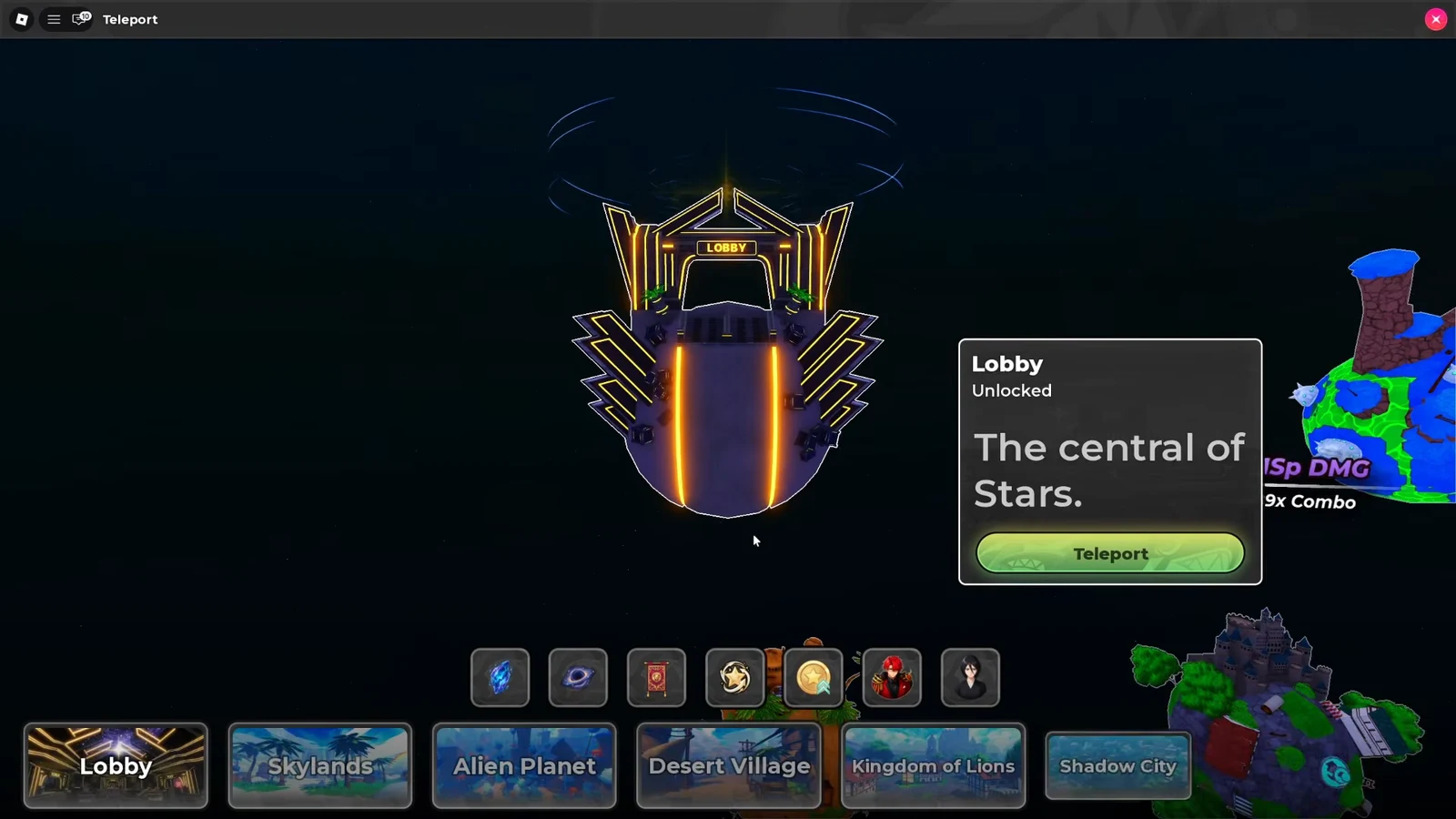 Teleport menu showing the Lobby destination with its green Teleport button