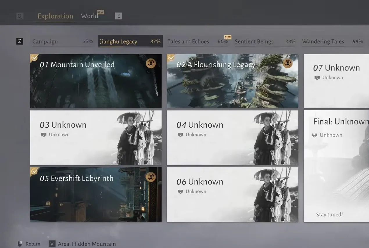 Jianghu Legacy tab showing chapter progression with completed and locked entries