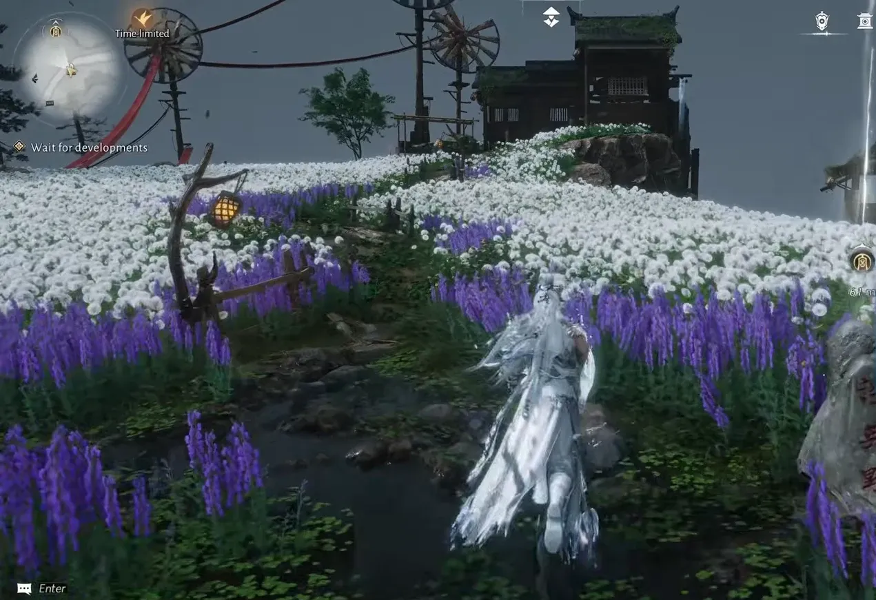 Character crossing a flower field toward the objective marker at Driftseed Moor