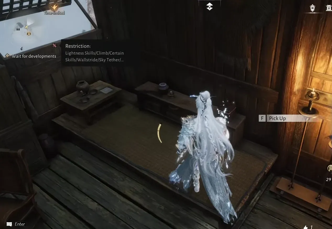 Pick up prompt appearing next to an interactable item inside the wooden house