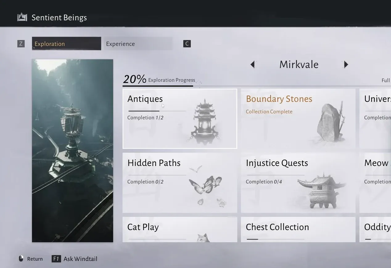 Mirkvale Sentient Beings tab showing collection categories with Antiques at 1 of 2