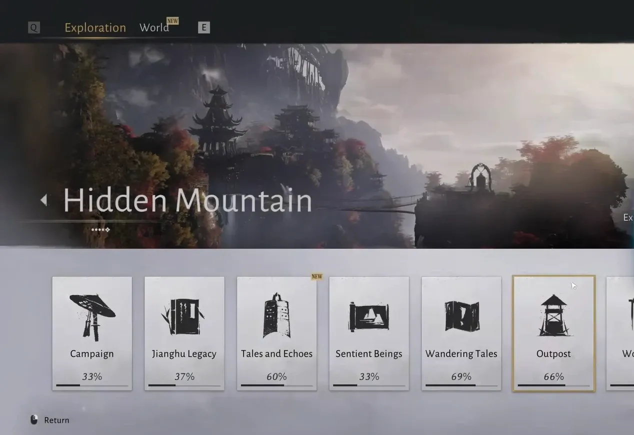 Hidden Mountain exploration menu with the Outpost category highlighted at 66 percent