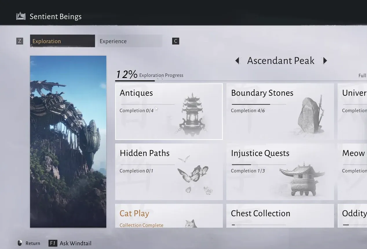 Sentient Beings Exploration tab showing Ascendant Peak antiques at 0 of 4