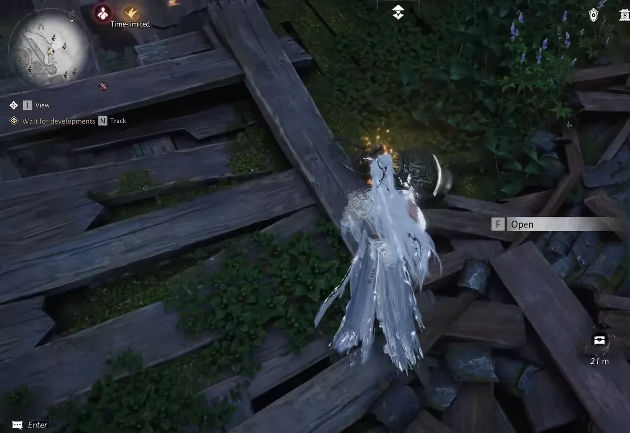 Open prompt shown on the chest sitting among wooden debris on the platform