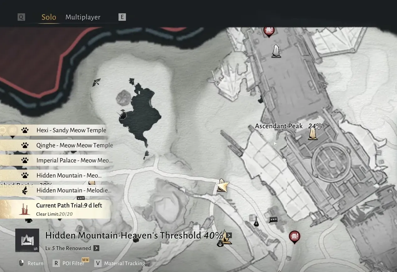 World map open on Hidden Mountain Heaven's Threshold showing 40 percent completion