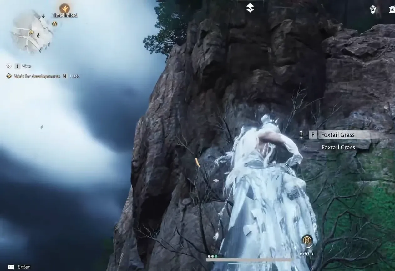 Character collecting a resource with the F prompt during the climb toward the ship