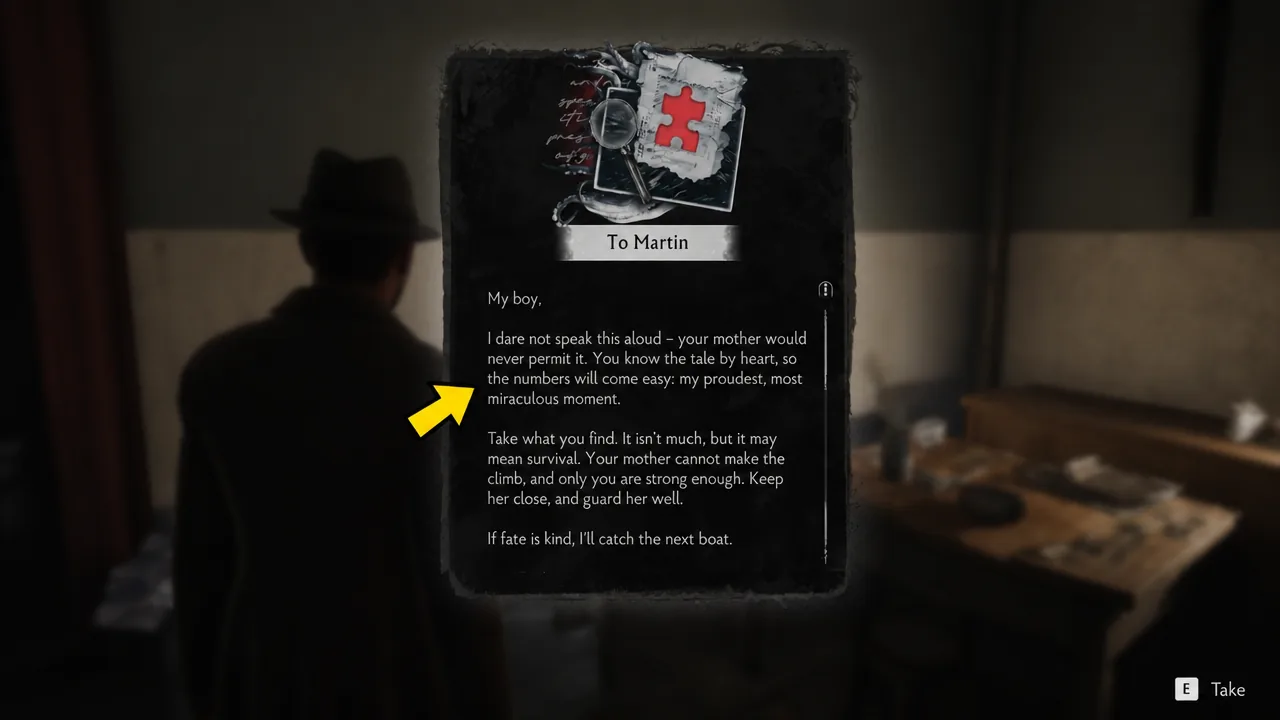 The To Martin letter open on the Apartment No. 5 safe with the Take prompt shown