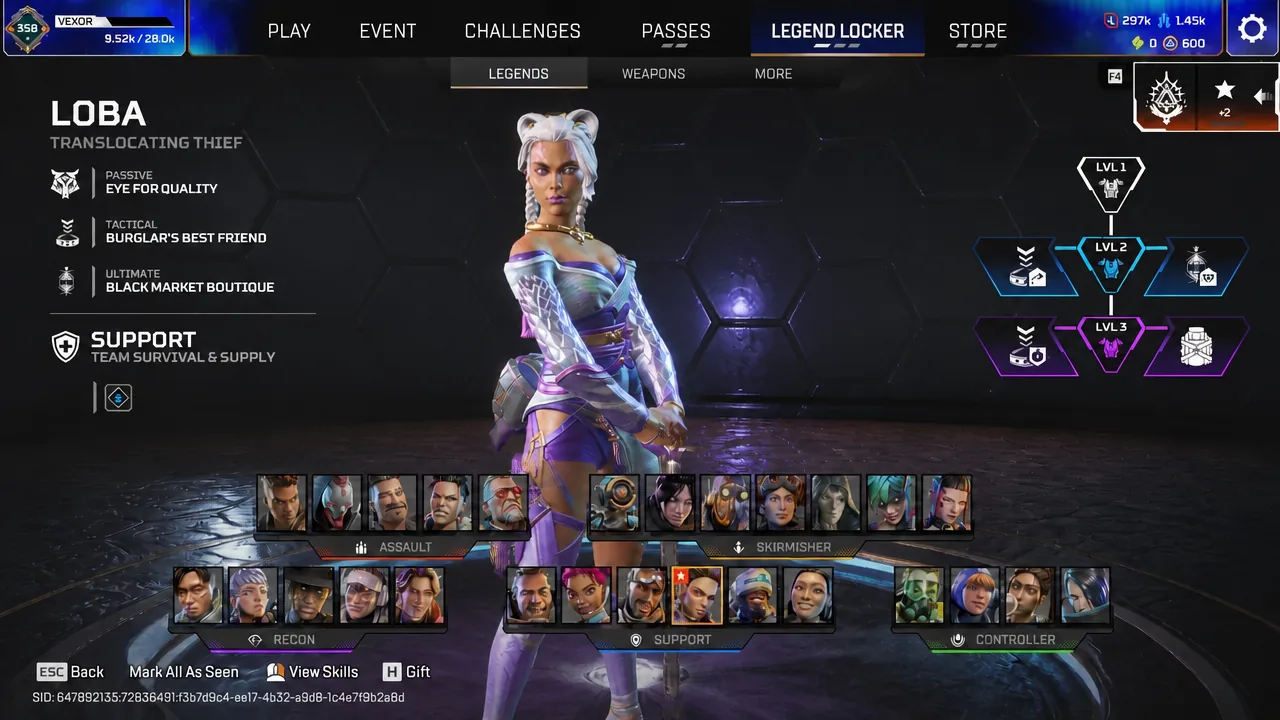 Loba selected in the Legend Locker Legends tab with her abilities and class listed.