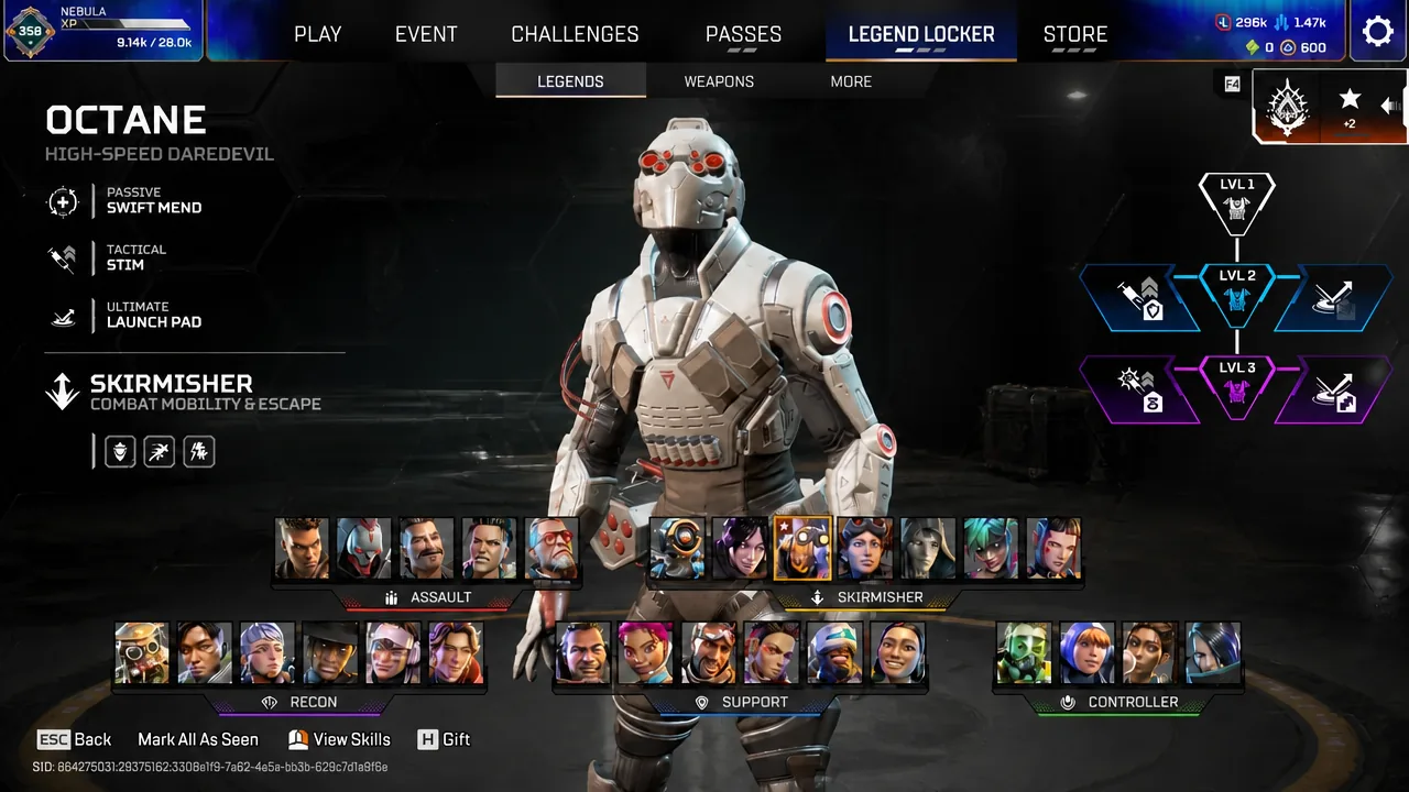 Octane highlighted in the Legends Locker Skirmisher roster with his abilities shown.