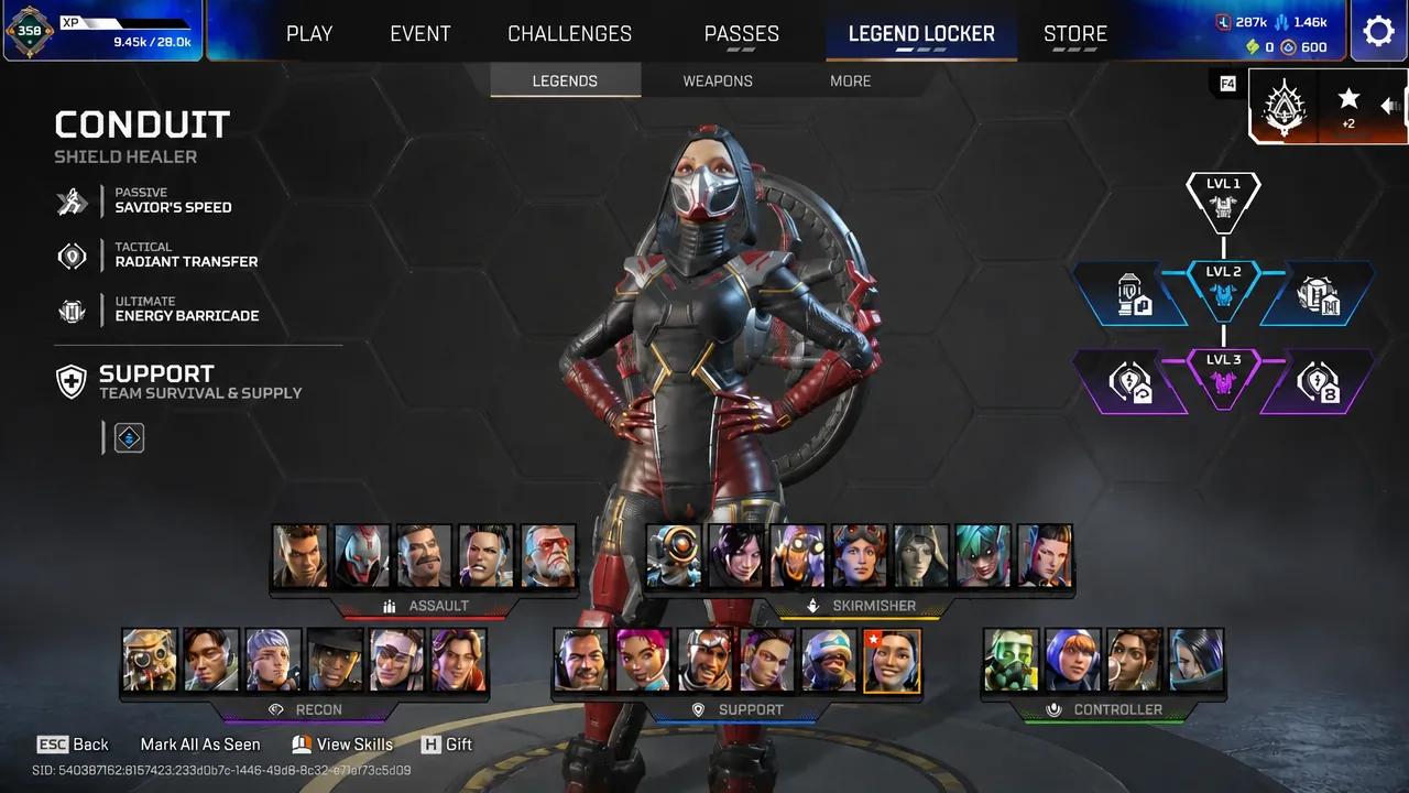 Conduit selected in the Legend Locker showing her abilities, role, and upgrade options.