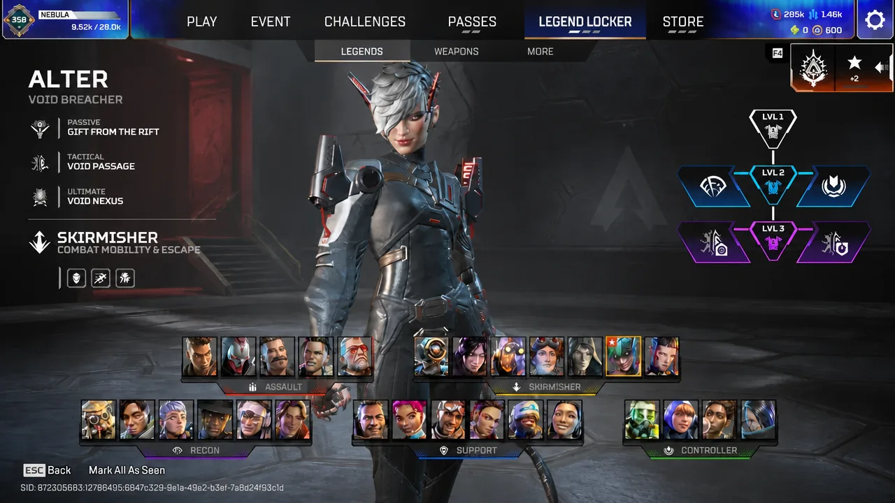 Alter's abilities and upgrade tree displayed on the Legend Locker Legends tab.