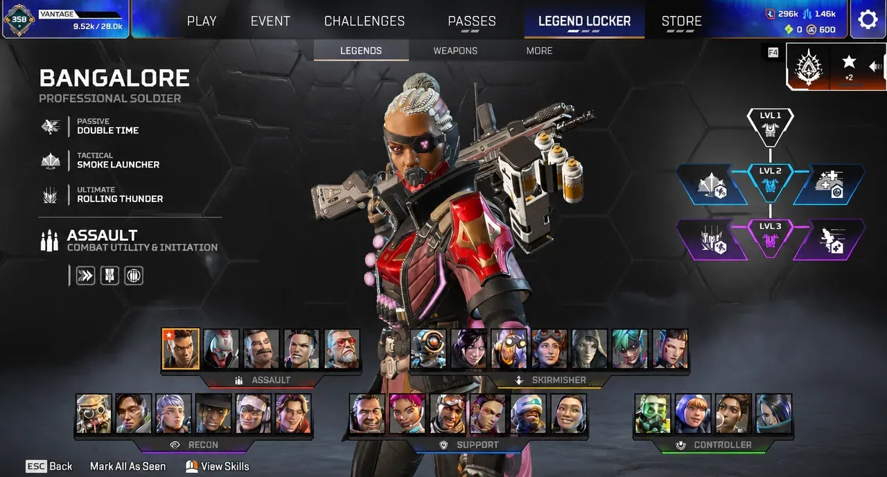 Bangalore selected in the Legend Locker Legends tab with her details on screen.