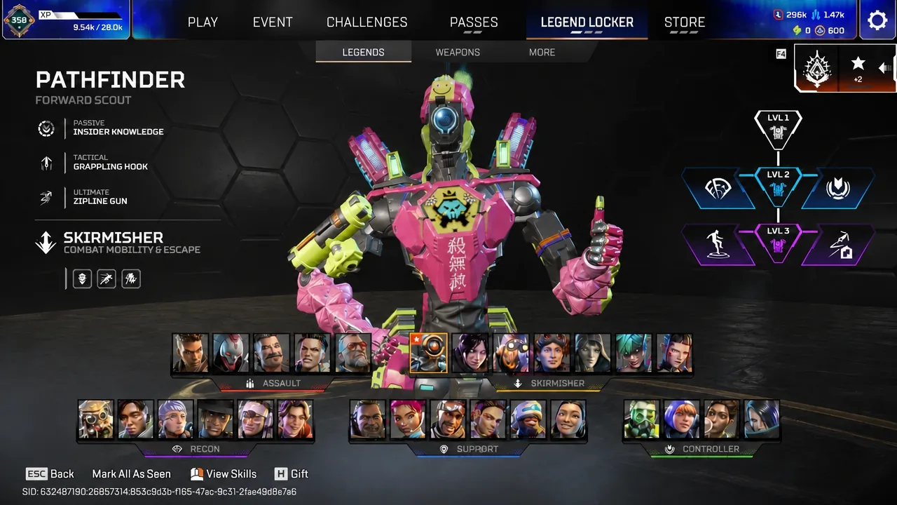 Pathfinder highlighted in the Legend Locker Legends tab with his abilities visible.