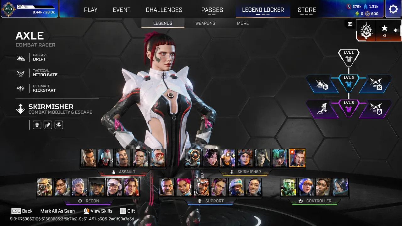 Legend Locker roster with Axle highlighted among the Skirmisher Legends and her details shown.
