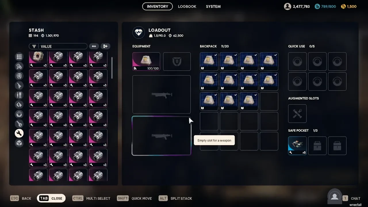 ARC Raiders inventory screen with an empty weapon equipment slot highlighted before a raid