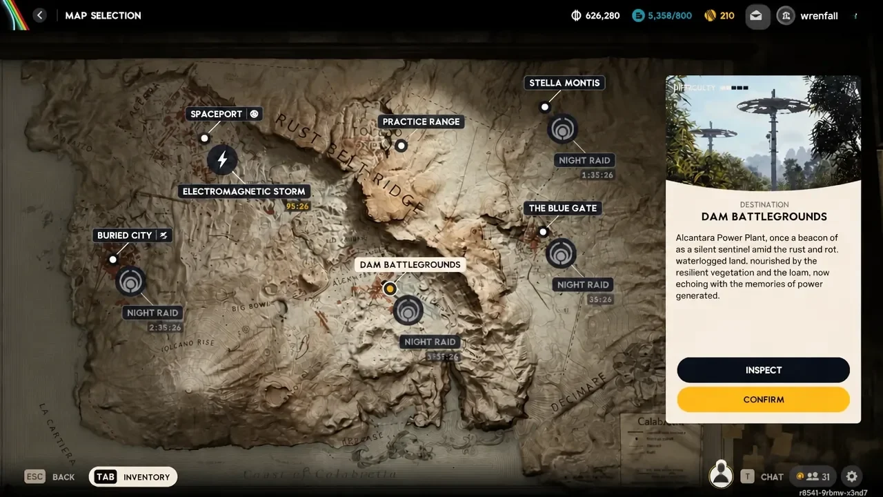 Map selection menu in ARC Raiders showing Dam Battlegrounds destination details