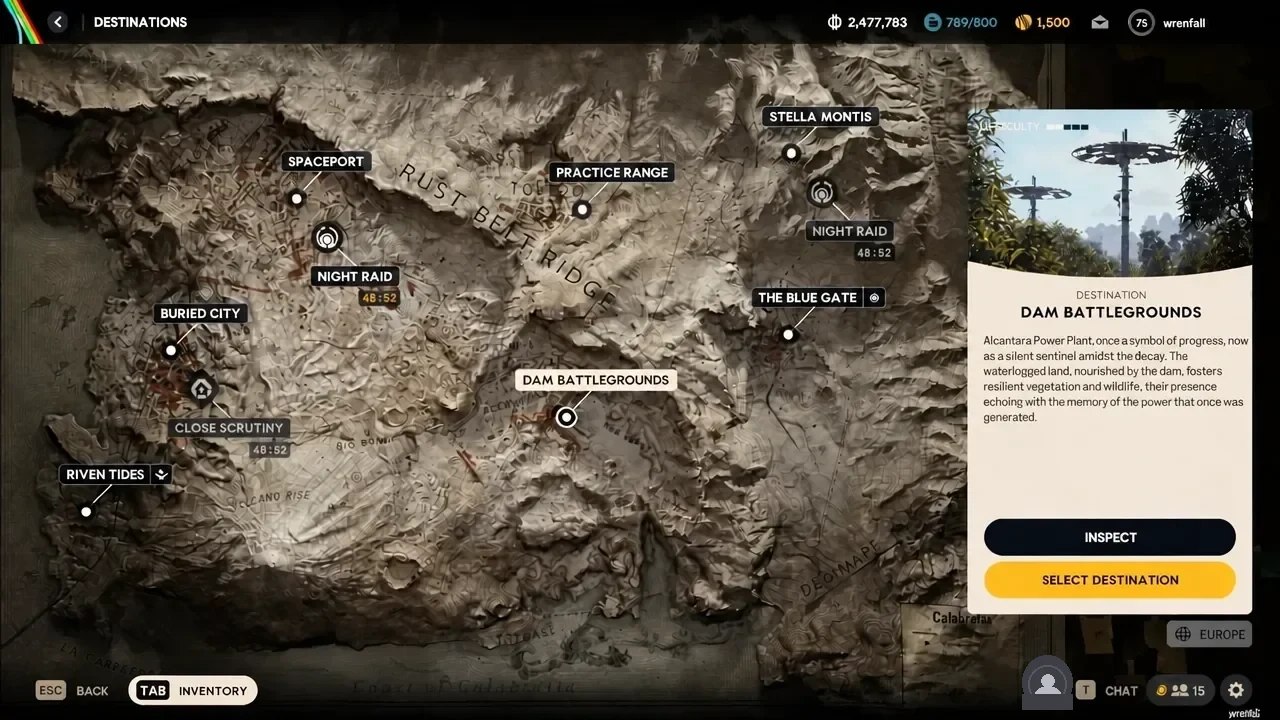 Destinations screen in ARC Raiders with Dam Battlegrounds selected before a run