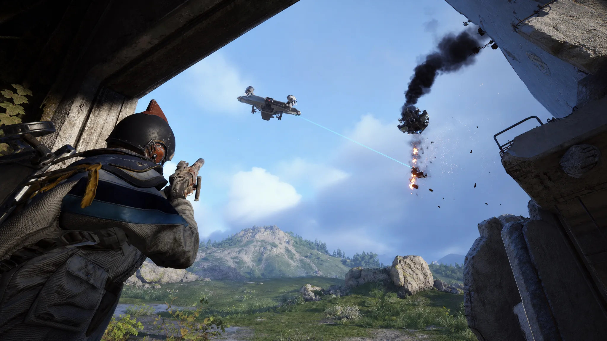 Player aiming at a Vaporizer's exposed core from cover in ARC Raiders