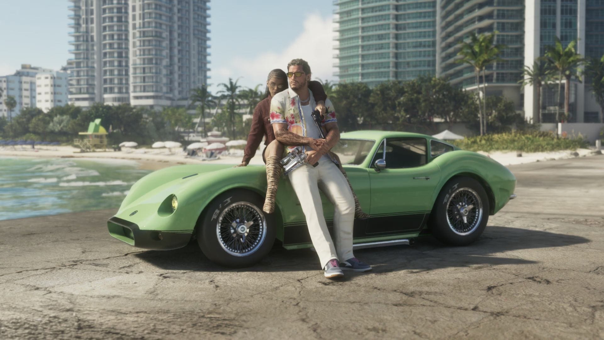 Vice City-style street scene from GTA 6 showing the setting seen in the leaked clips