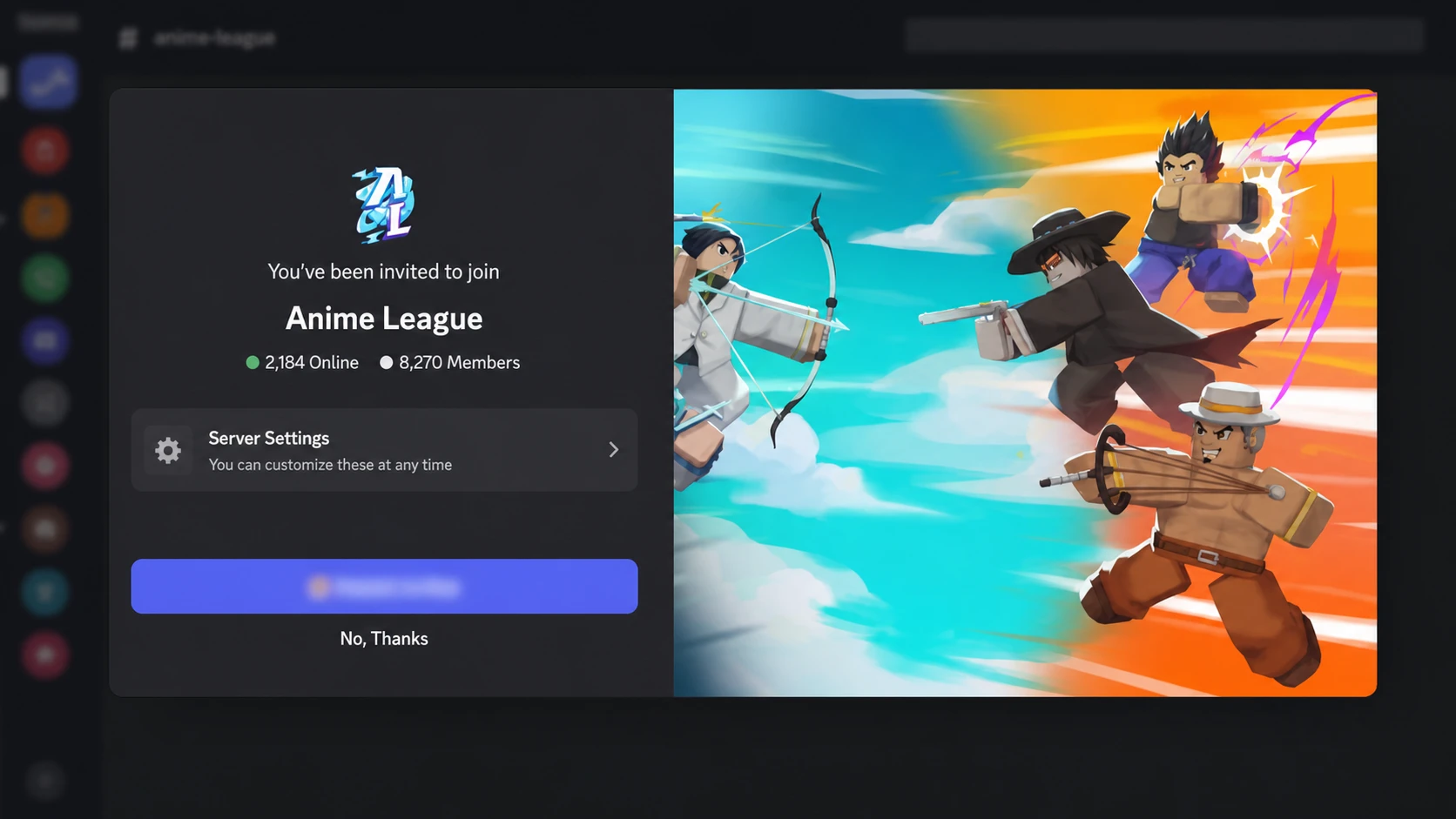 Anime League codes: A screenshot of the Discord server invite with a PT logo in the top right corner