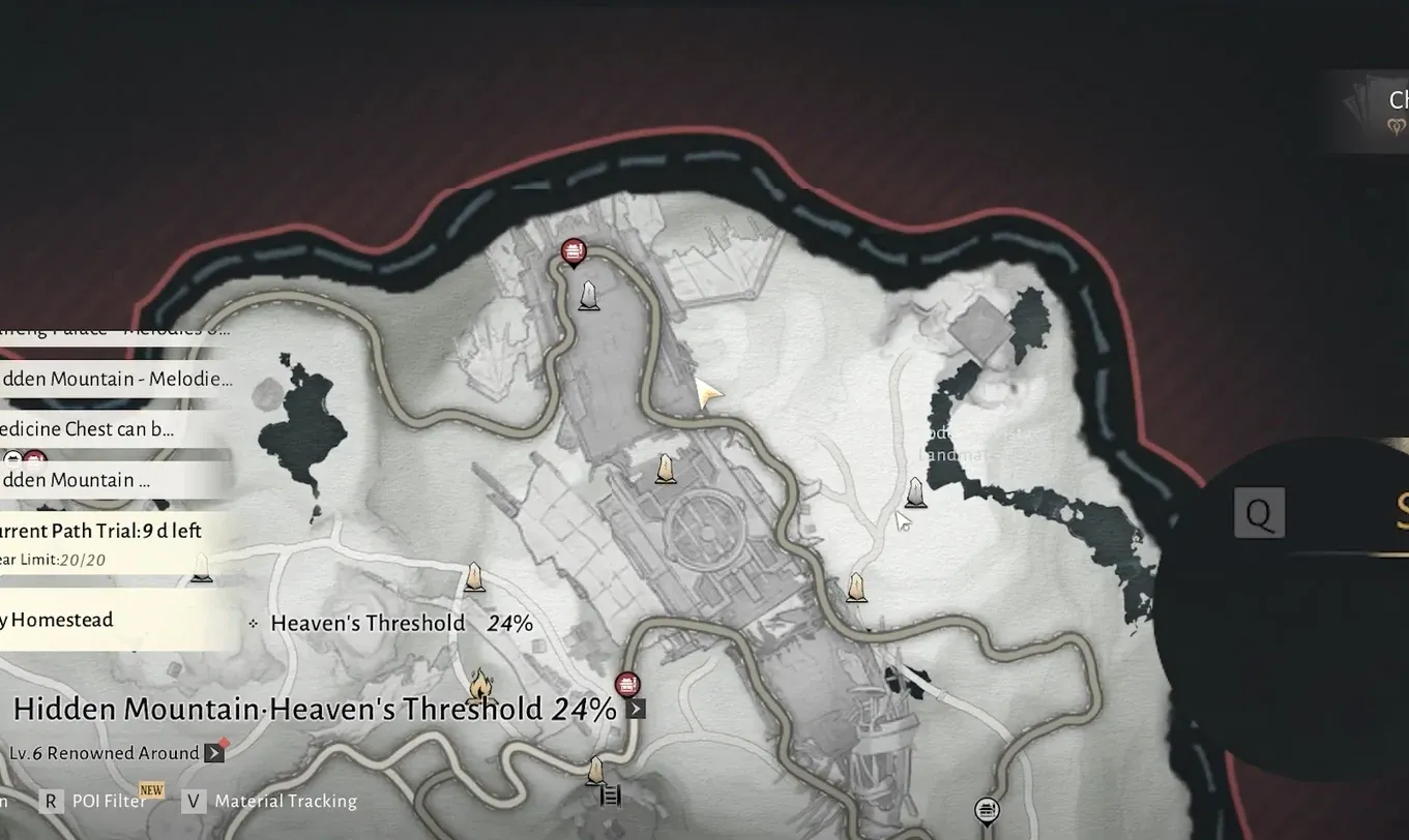 World map on Hidden Mountain Heaven's Threshold at 24 percent with Path Trial tracking