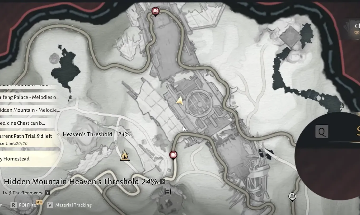 Ascendant Peak map showing Hidden Mountain Heaven's Threshold at 24 percent completion