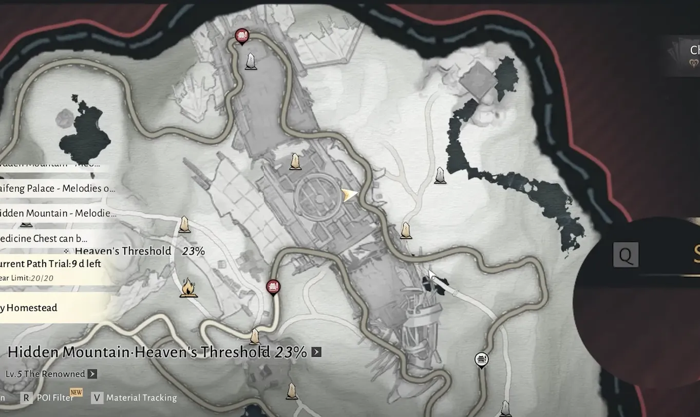 World map highlighting Hidden Mountain Heaven's Threshold at 23 percent with region POI details