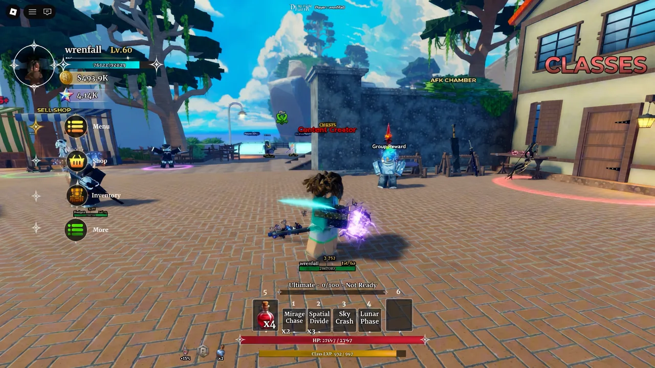 Dungeon Lootr town area with the Menu, Shop and Inventory buttons on the left and the Classes building ahead