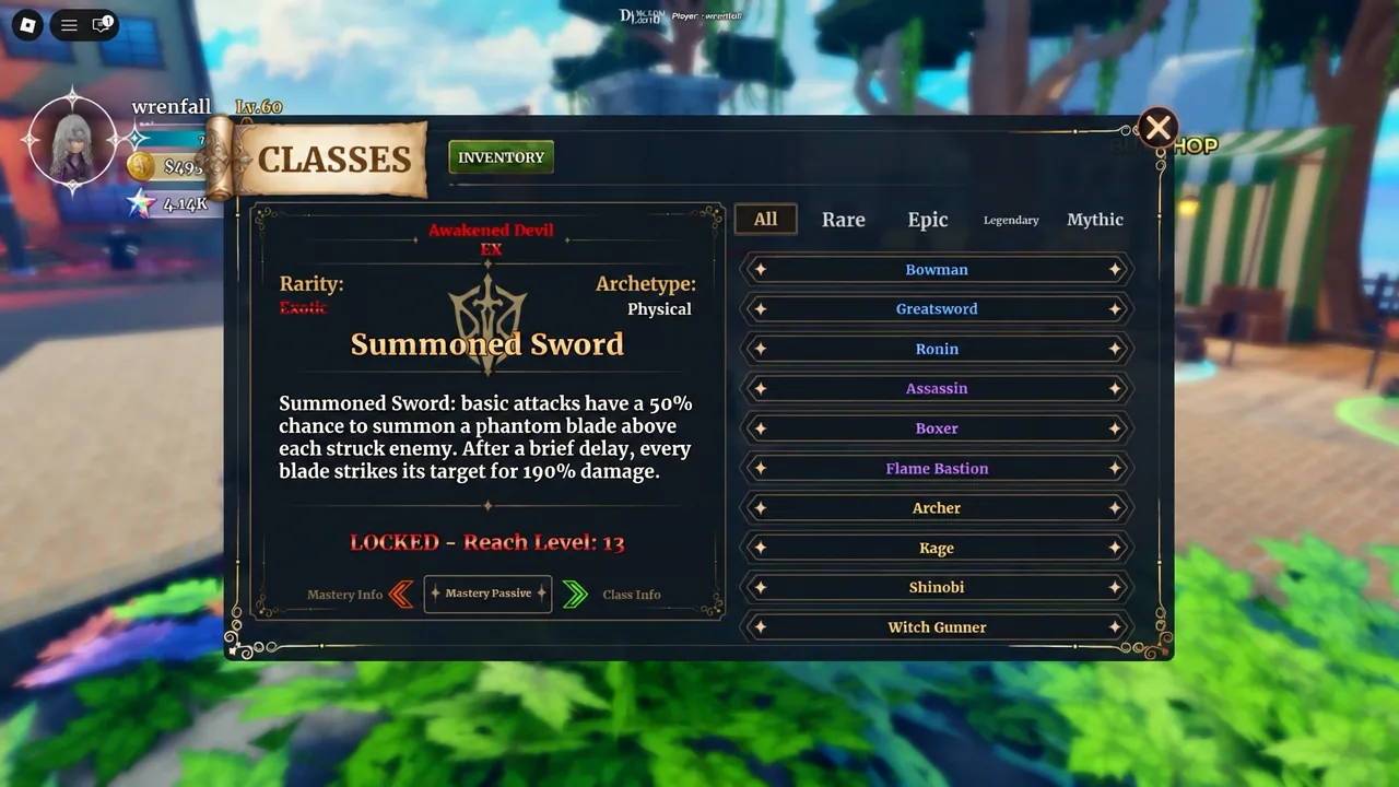 Classes menu showing the Summoned Sword passive locked with its level requirement listed
