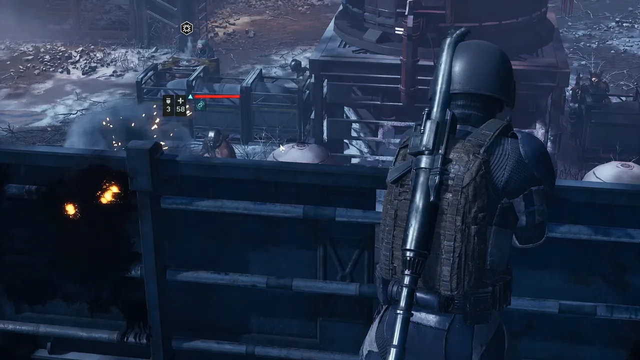 Squad member firing from behind cover at Coil enemies with the health and ammunition HUD on screen