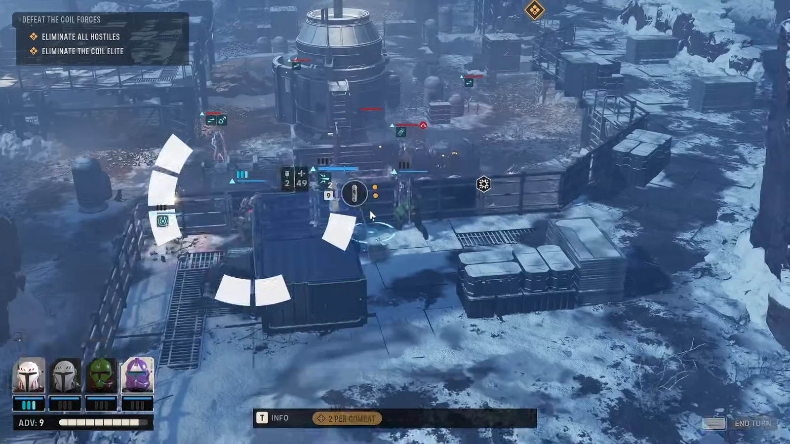 Combat view with the Defeat the Coil Forces objective listed while a squad member is repositioned before ending the turn