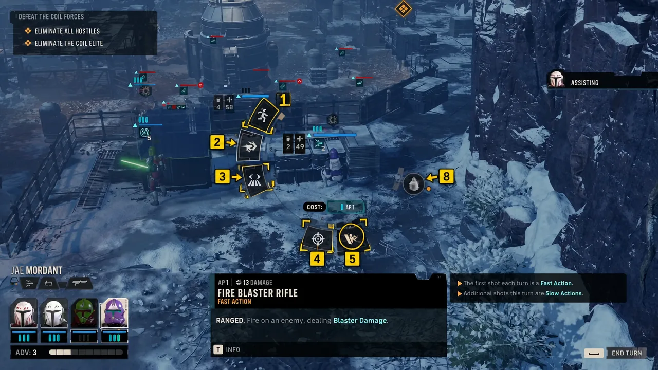 Ability bar with the Fire Blaster Rifle fast action highlighted while an attack target is selected