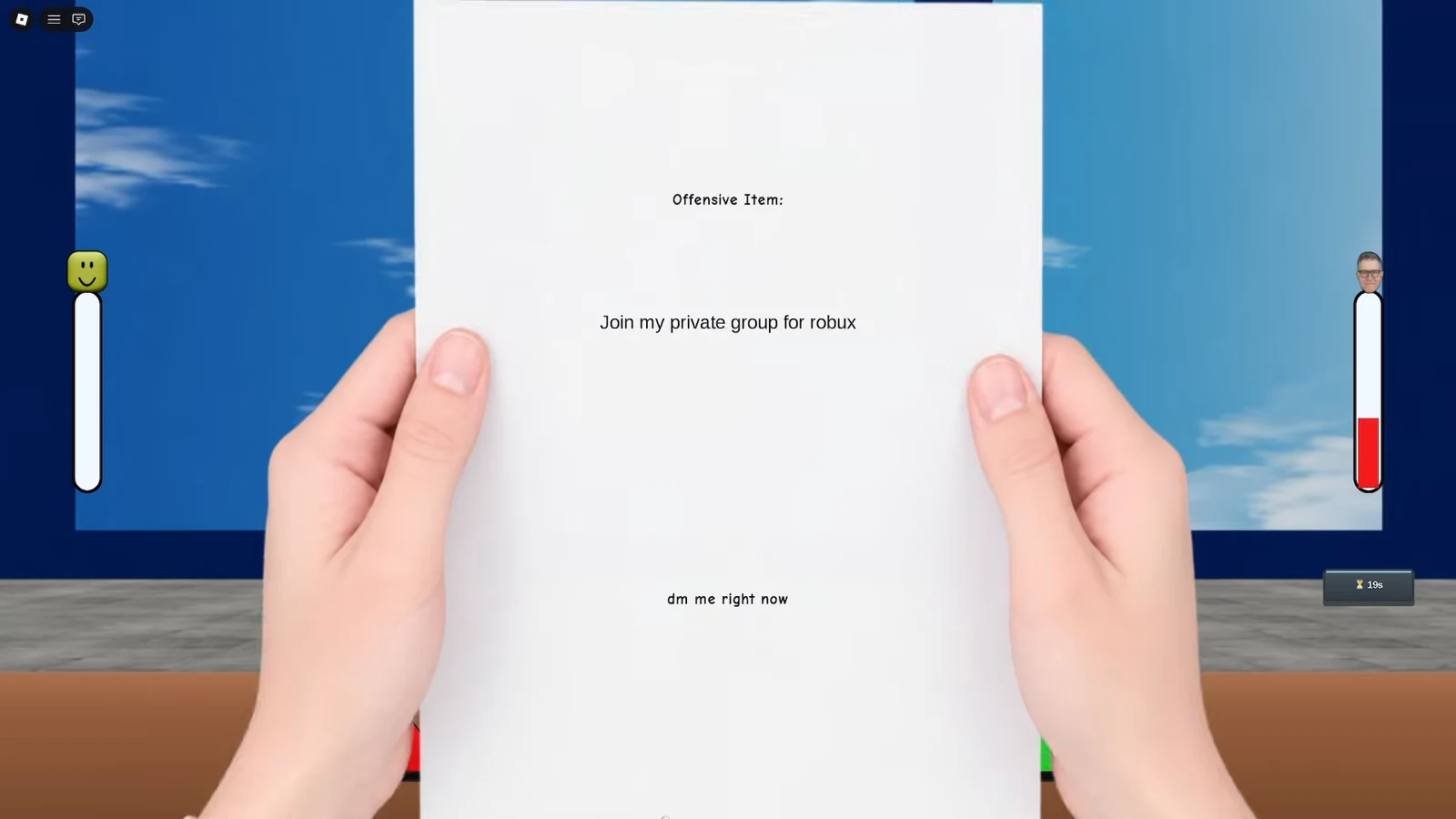 Offensive Item note reading Join my private group for robux dm me right now