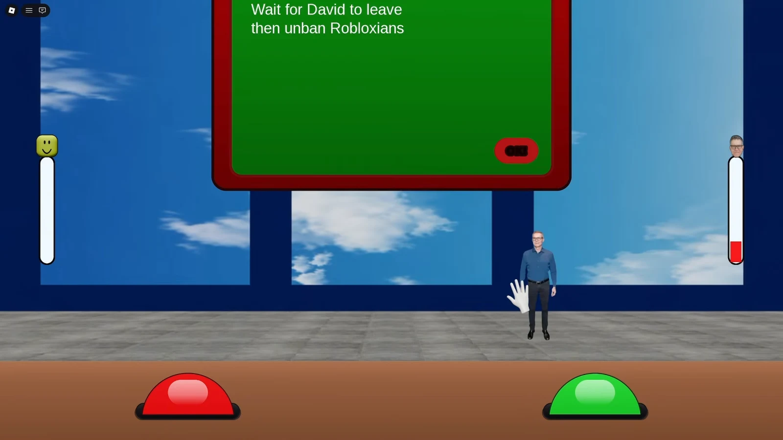 Green instruction panel reading Wait for David to leave then unban Robloxians with a red OK button