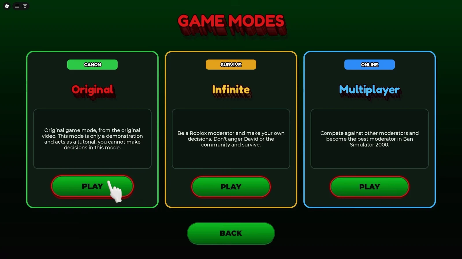 Game Modes screen with the green PLAY button on the Original mode panel highlighted
