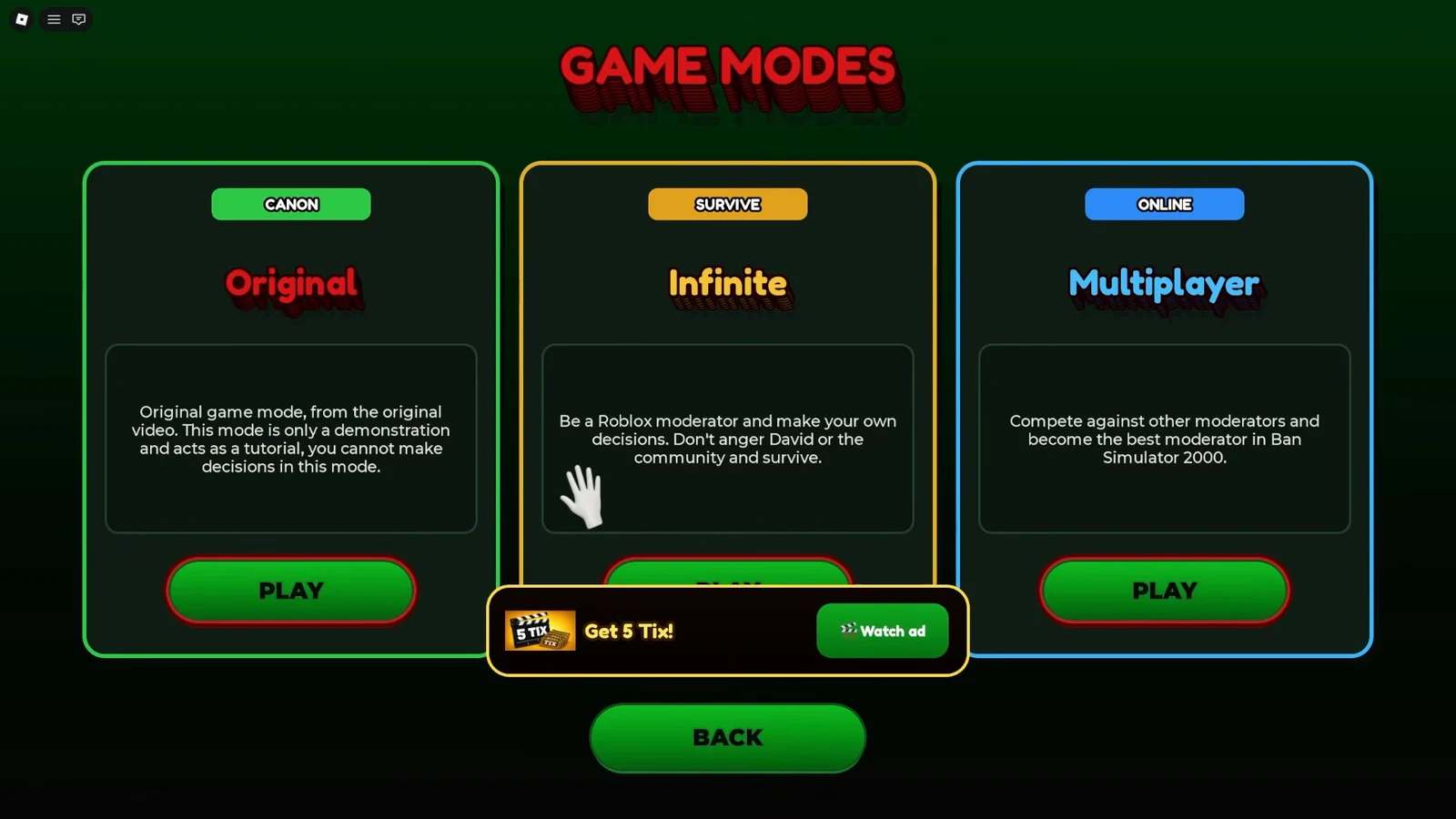 Game Modes menu with the cursor hovering over the Infinite mode panel