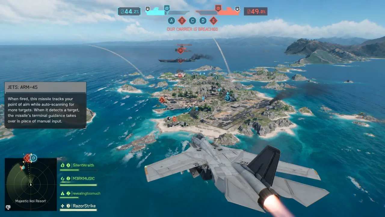 A fighter jet approaches the island as the JETS ARM-45 panel shows the auto-scanning tracking missile