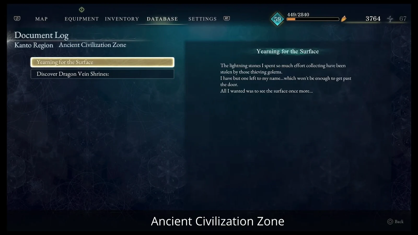 Yearning for the Surface lore entry displayed in the Ancient Civilization Zone log