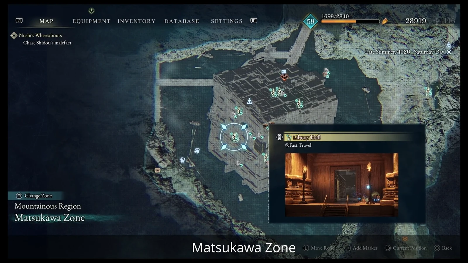Matsukawa Zone map with the Library Hall location selected and Fast Travel shown