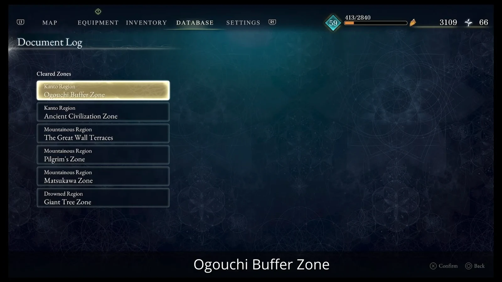 Document Log menu showing Cleared Zones with Ogouchi Buffer Zone highlighted