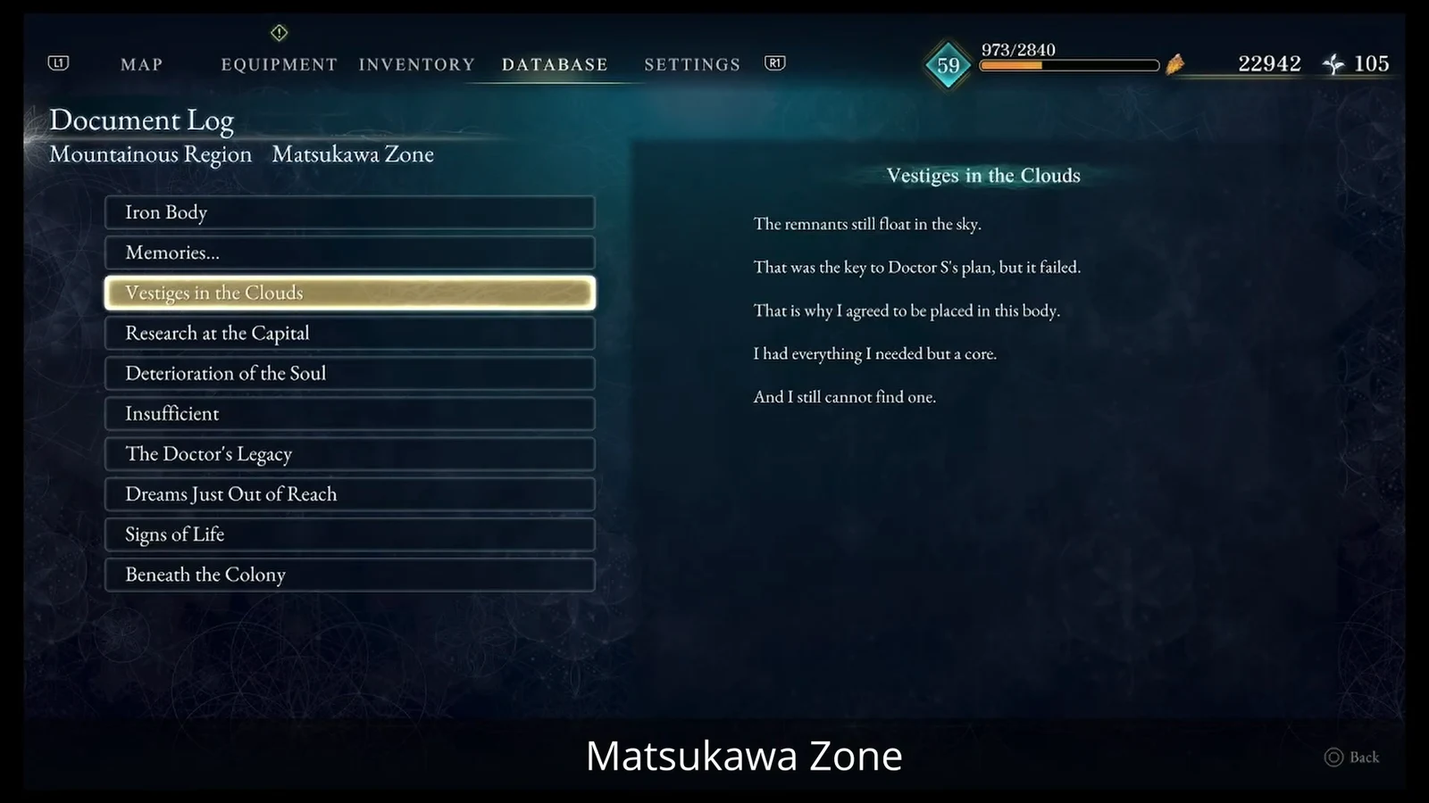 Document Log showing Vestiges in the Clouds selected in the Matsukawa Zone