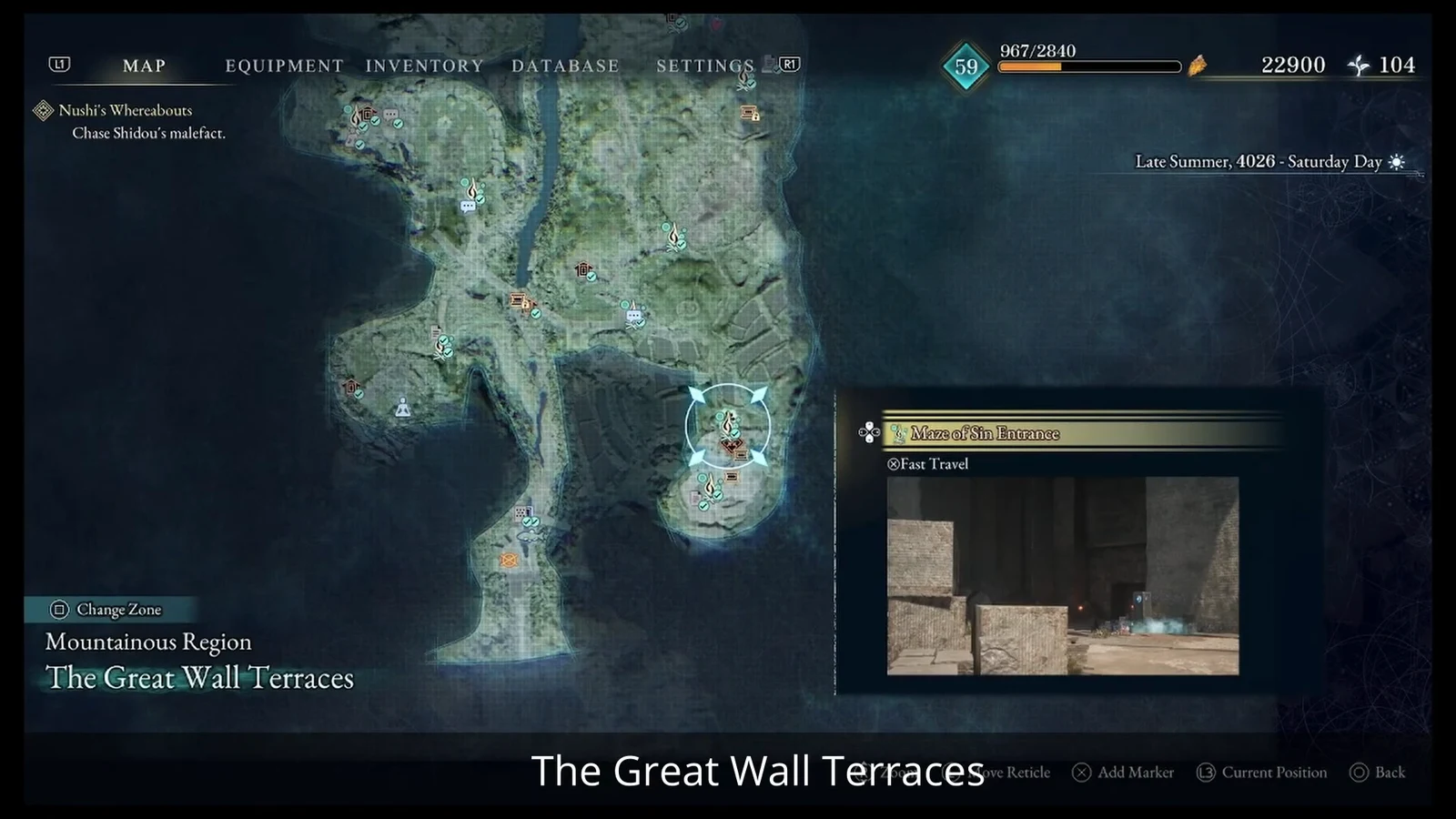 Map screen with Maze of Sin Entrance selected and Fast Travel available