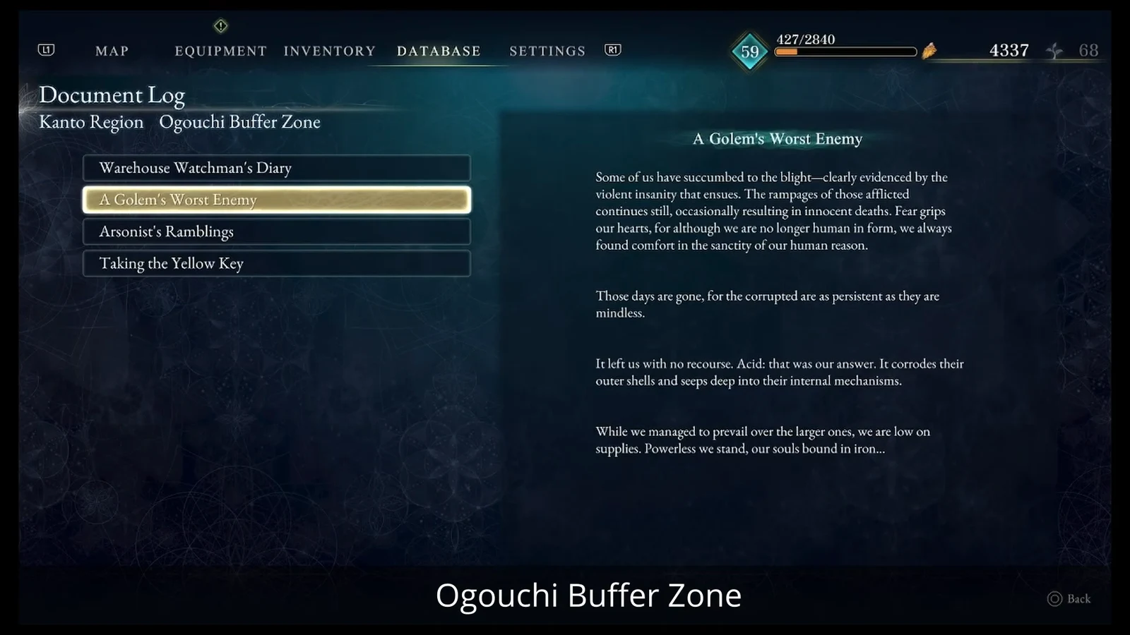 Document Log entry for A Golem's Worst Enemy open in the Ogouchi Buffer Zone