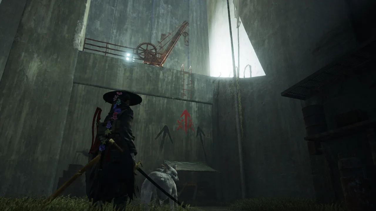 Emma looks at a grapple hook in Beast of Reincarnation