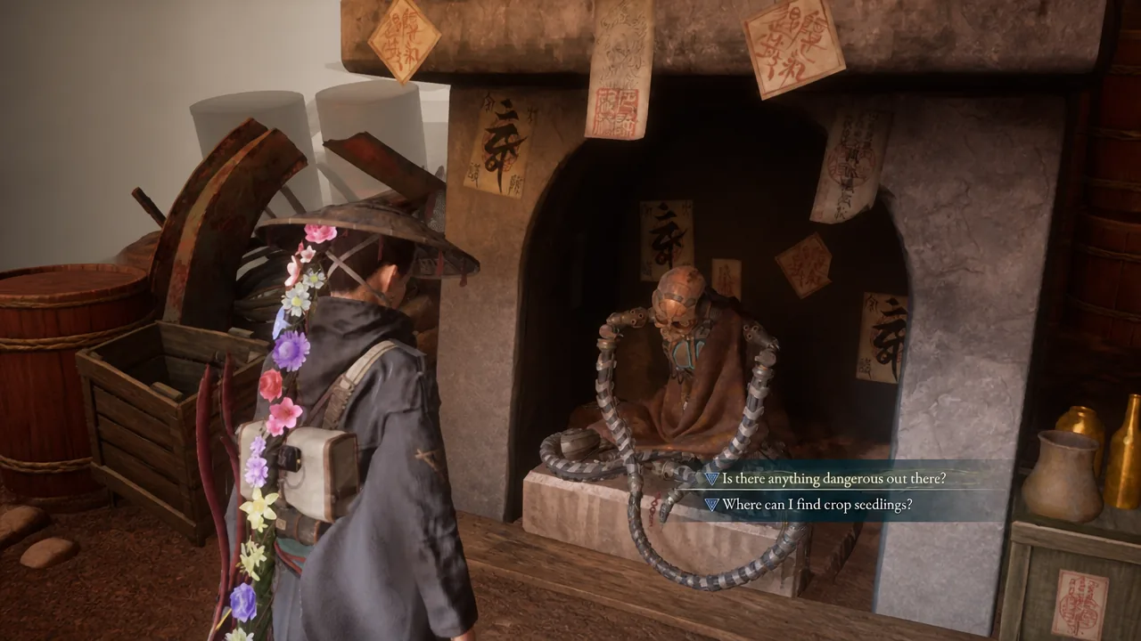 Emma speaks to a Keeper Golem in Beast of Reincarnation
