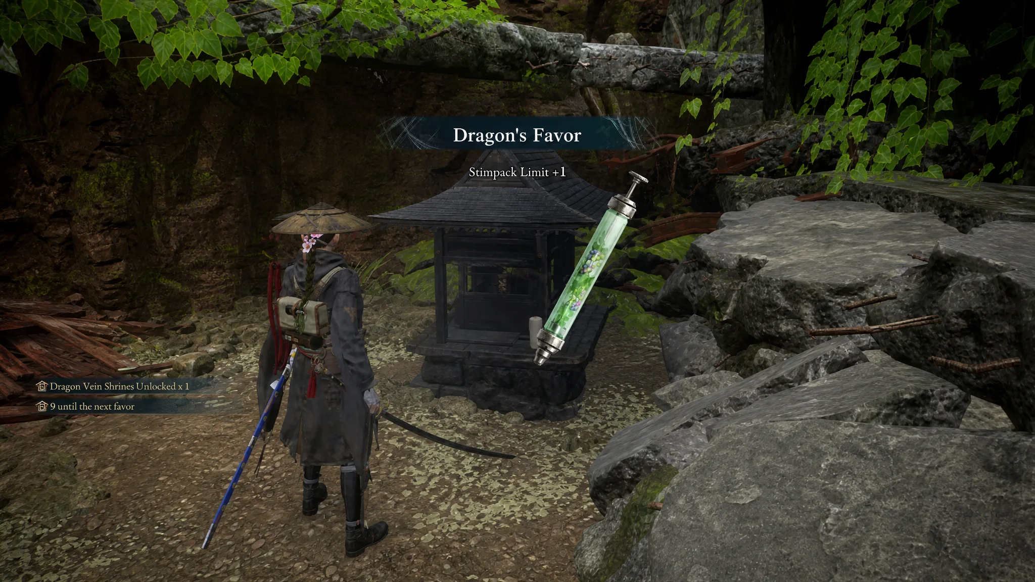 Emma interacts with a Dragon Vein Shrine and receives a Stimpack in Beast of Reincarnation