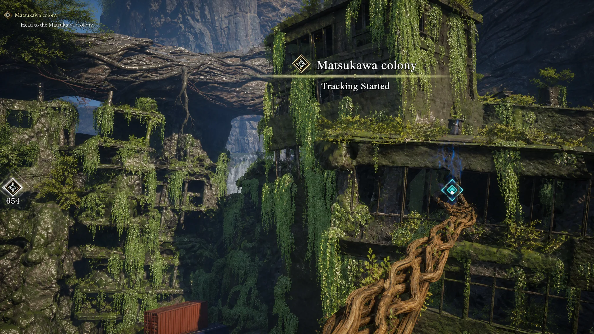 Emma uses her hair to traverse a gap between ruined buildings in Beast of Reincarnation