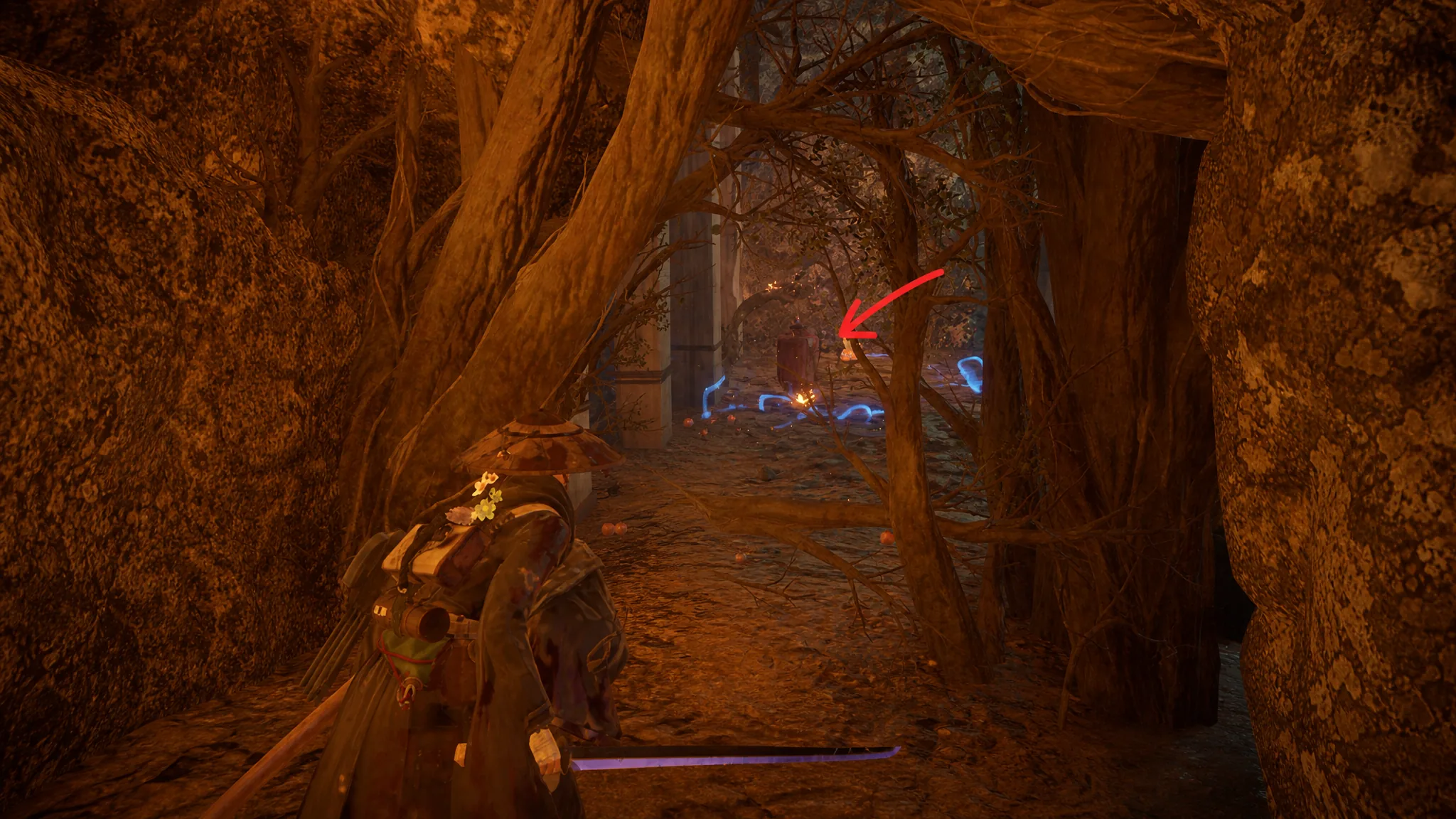 A barrel you need to shoot through some plants circled in Beast of Reincarnation